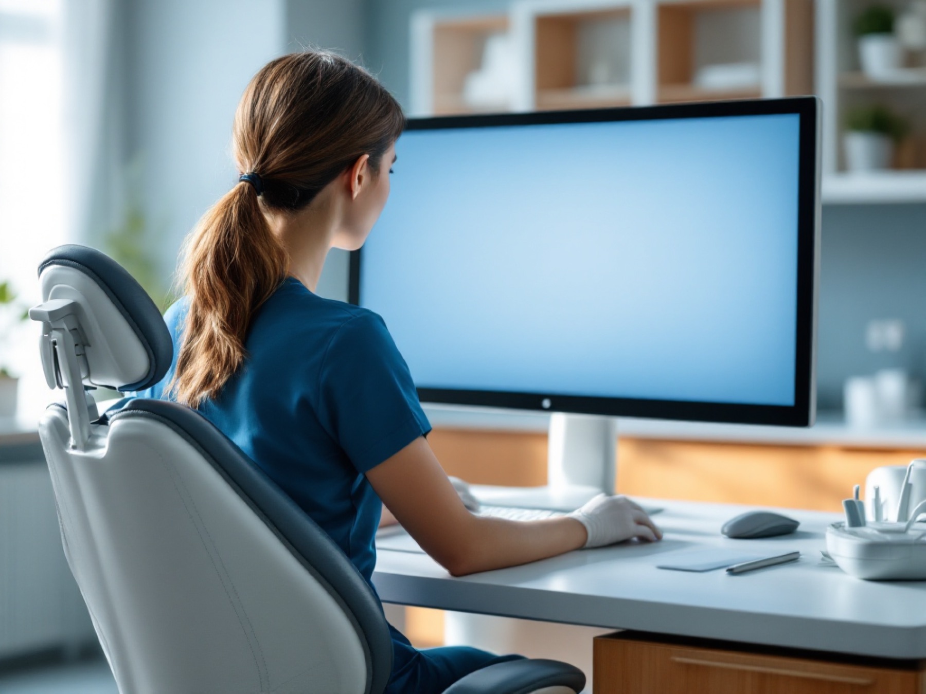 A dental hygienist working at an operatory desk with a large monitor
