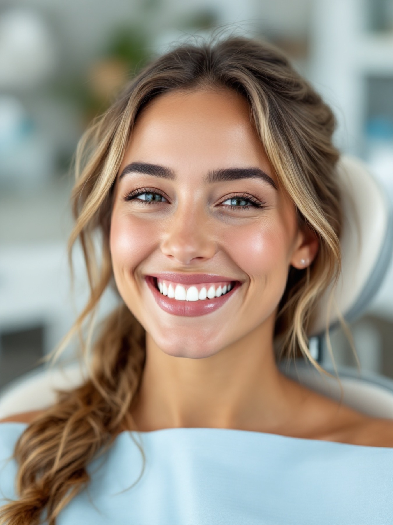 A smiling patient in a dental chair after a cleaning